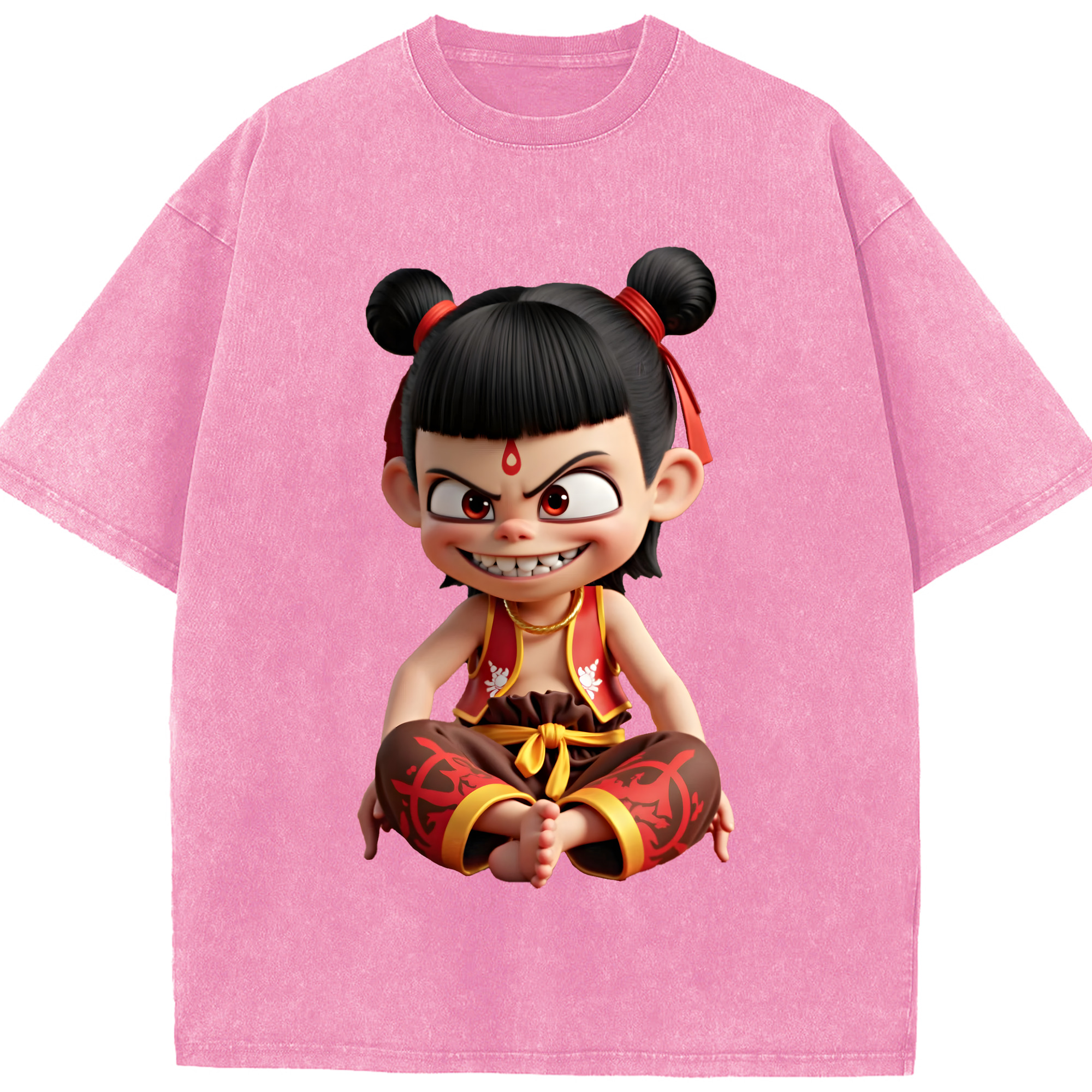 （画像用） Ne Zha 2 ナタ 魔童の大暴れ 綿100% ヴィンテージ風 半袖Tシャツ（フロントプリント）